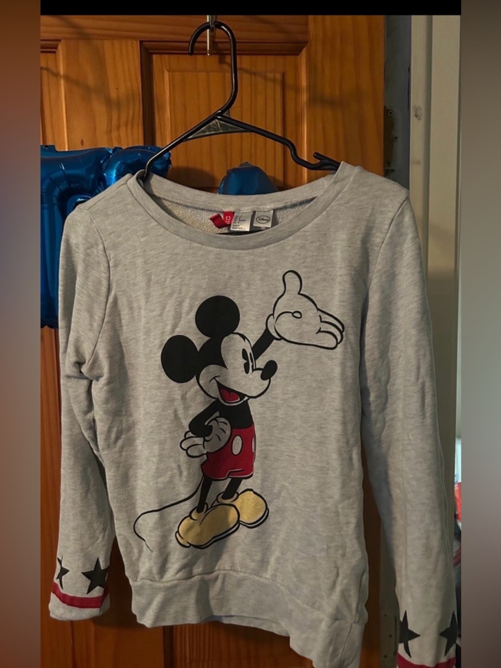 H&M Grey Mickey Mouse Crewneck Sweatshirt with Red and Yellow Accents